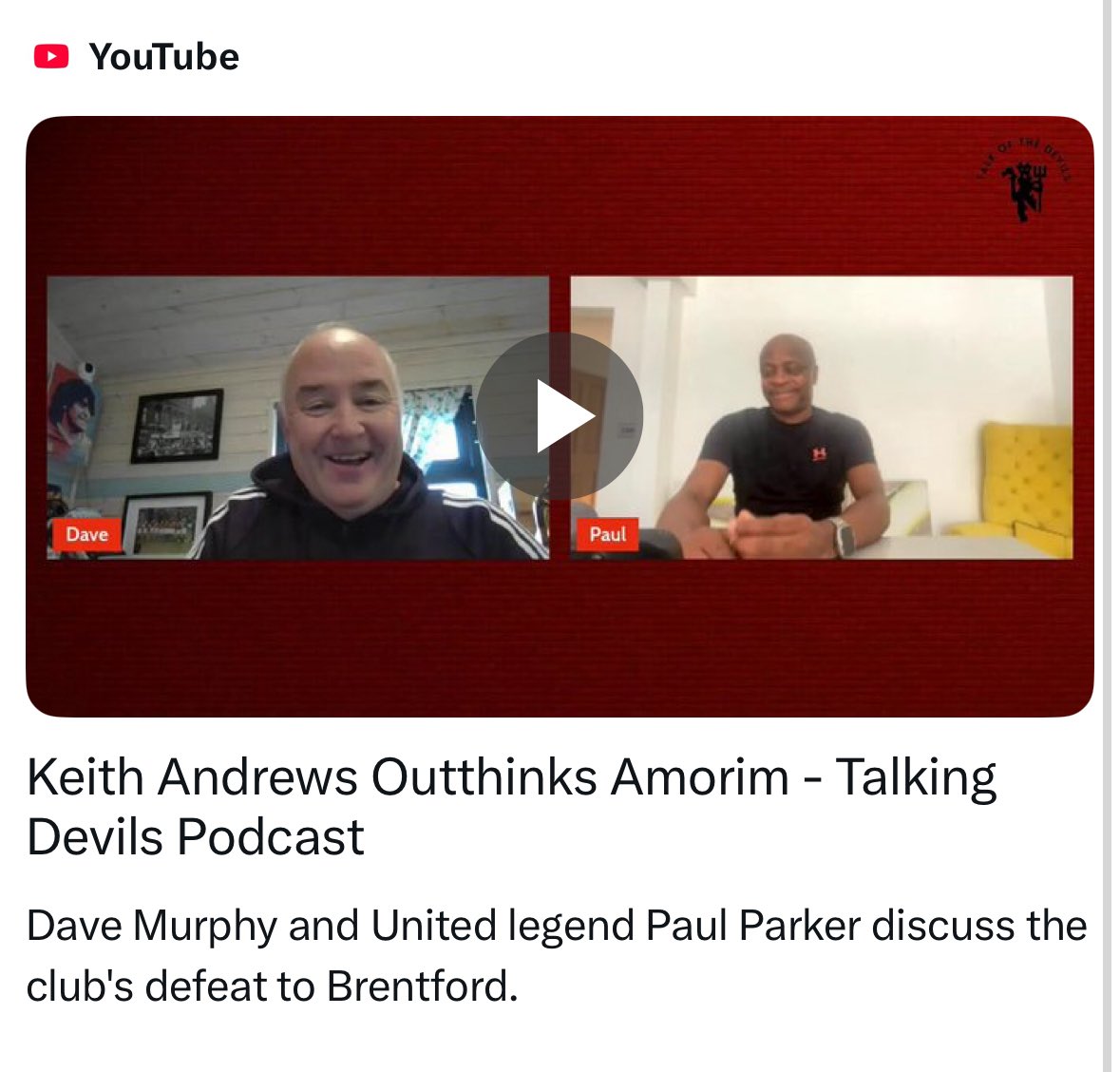 Please listen to our #TalkingDevils podcast recorded today with <a href="/realpaulparker2/">Paul Parker</a> youtube.com/live/mwW4sqiRz…