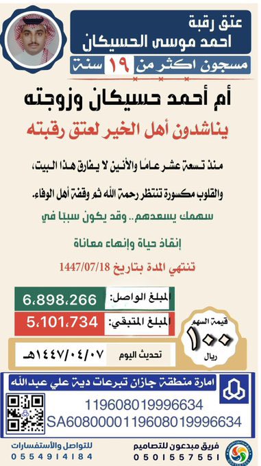 #الصبر_حكايه_ام_جماح

الزوجة الوفية لم تنكسر رغم طول السنين، ١٩ عامًا وهي تنتظر زوجها أحمد حسيكان… صبرها حكاية إيمان واحتساب، فلنكن سندًا لها في هذه المحنة