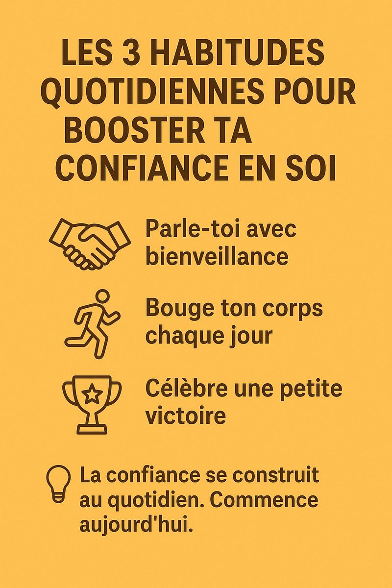 3 habitudes simples pour booster ta confiance en soi :
- Parle-toi avec bienveillance 🤝
- Bouge ton corps chaque jour 💃
- Célèbre une petite victoire 🏆
La confiance se construit au quotidien. Commence aujourd’hui.
#ConfianceEnSoi #Motivation