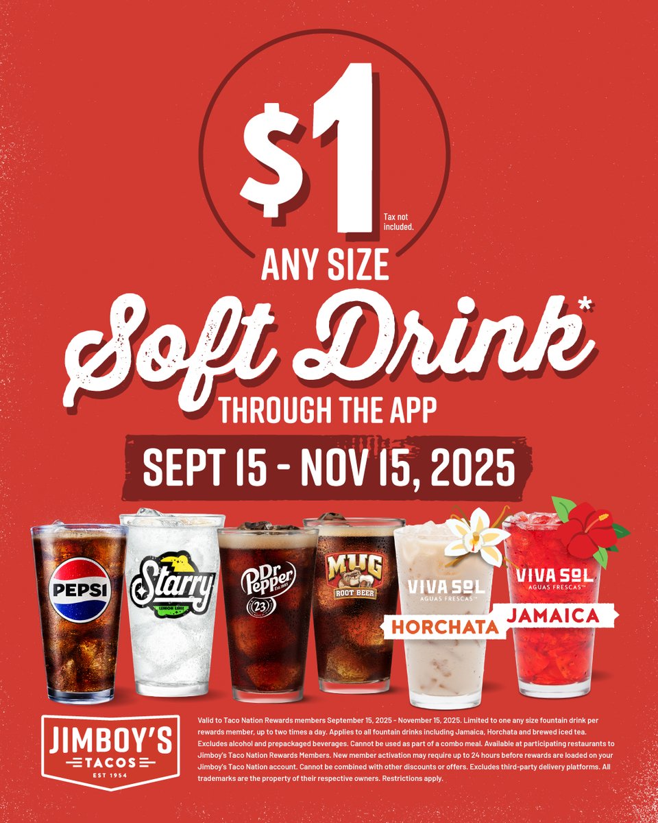 Who said being #thirsty was a bad thing? 😅 During Jimboys' #DollarDrinkDays, you can add any drink, any size, for just $1 (+tax) through your loyalty account! 

Now through 11/15/25. Excludes bottled beverages, Combo Meals, and alcohol. Terms apply! jimboystacos.com/anydrink