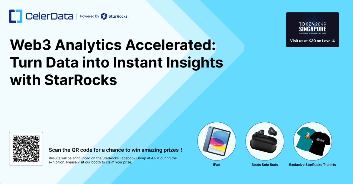 CelerData's tweet image. Catch CelerData at #Token2049 Singapore, Oct 1–2 — where the world’s top crypto and Web3 minds come together.
📍 Visit us at Booth K30 to see how StarRocks powers real-time Web3 analytics.
Take part in our Lucky Draw and walk away with great prizes!
 RSVP: hubs.la/Q03L43VV0