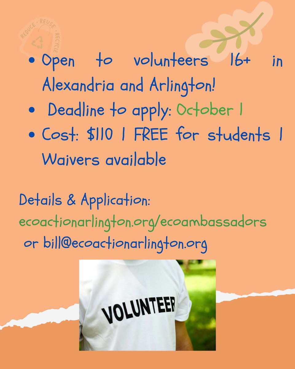 Eco-City Alexandria VA (@ecocityalx) on Twitter photo EcoAmbassadors is a new volunteer training program focused on climate action, clean energy, and sustainable living.
Deadline to apply: October 1
Cost: $110 | FREE for students | Waivers available
Info: ecoactionarlington.org/ecoambassadors or bill@ecoactionarlington.org
#EcoCityALX EcoAmbassadors is a new volunteer training program focused on climate action, clean energy, and sustainable living.
Deadline to apply: October 1
Cost: $110 | FREE for students | Waivers available
Info: ecoactionarlington.org/ecoambassadors or bill@ecoactionarlington.org
#EcoCityALX