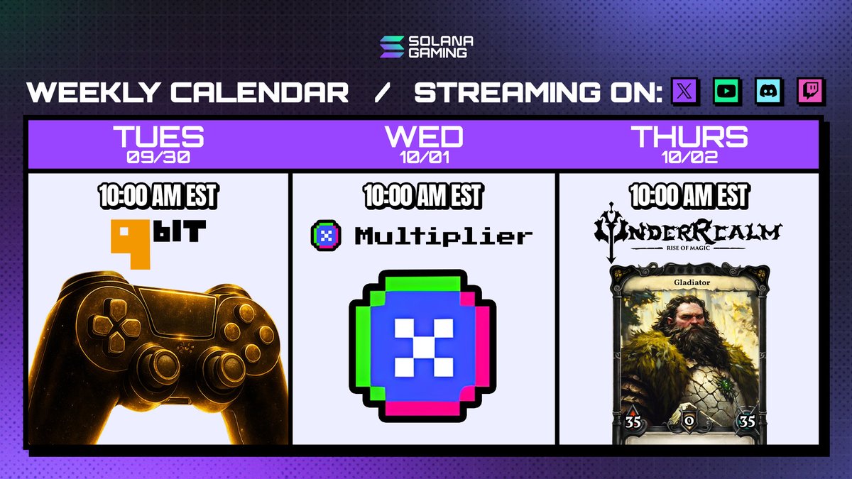 solanagaming's tweet photo. Solana Gaming Stream Schedule 🎮

Tune in for another action packed week of streams with: @the9bit @multiplierfun @PlayUnderRealm

Objective: Maximum Onchain Fun 💥 https://t.co/WEeUiMf9hm