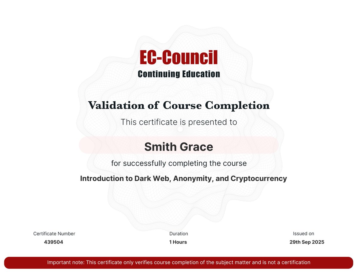 theitgirliee's tweet image. Day 100/100💃
I wrapped up today with EC Council&apos;s Introduction to the Dark Web, Anonymity and Cryptocurrency. Tears of joy guys, it was definitely a great learning experience.
If I start listing people, we won&apos;t leave here😭
So grateful for the love❤️
#100DaysOfCyberSecurity