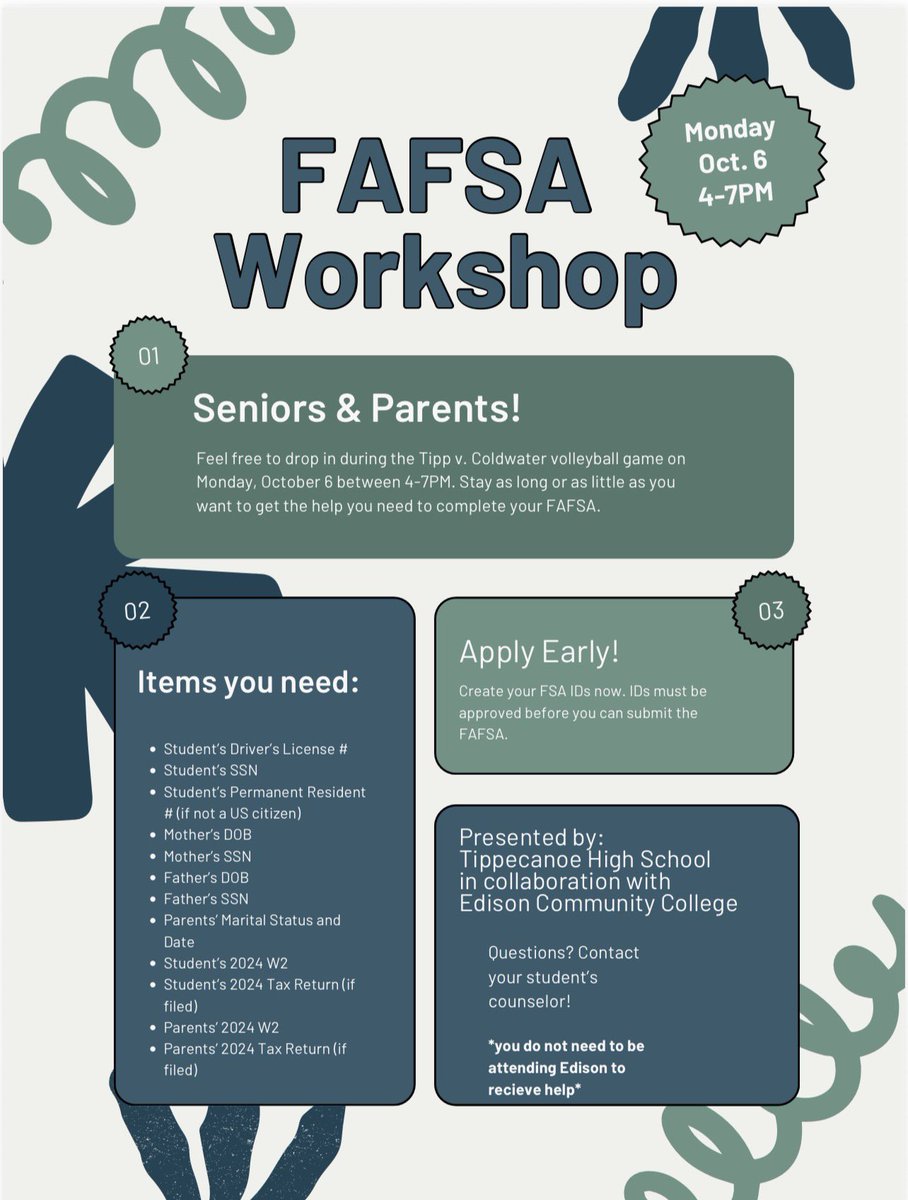 Seniors and parents, need help filling out the FAFSA or just have general questions? Stop by the commons before the volleyball game on October 6th from 4-7 to speak with a FAFSA representative!