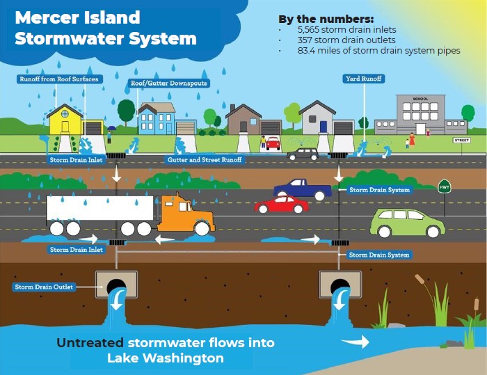 Get to know Mercer Island's untreated stormwater system, which captures rain/snow runoff and channels it directly into Lake Washington, preventing flooding. Remember: NEVER pour liquids/chemicals into storm drains—it pollutes the lake! See attached picture for the path stormwater