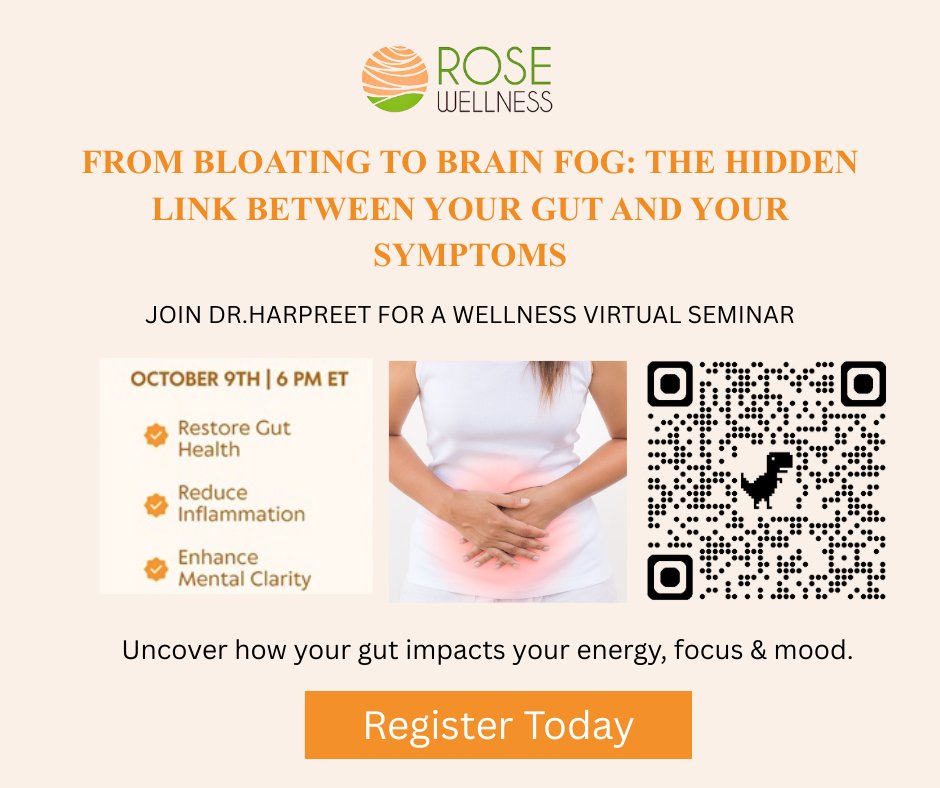 RoseWellnessCtr's tweet photo. Join Dr. Harpreet Gujral, DNP, FNP-BC, to discover how gut imbalances (dysbiosis), toxins, and stress disrupt the gut–brain connection—and what you can do to restore clarity, energy, and digestive balance. 
Zoom Link:
https://t.co/cDQgenNlsb https://t.co/sEwXgIZEHS