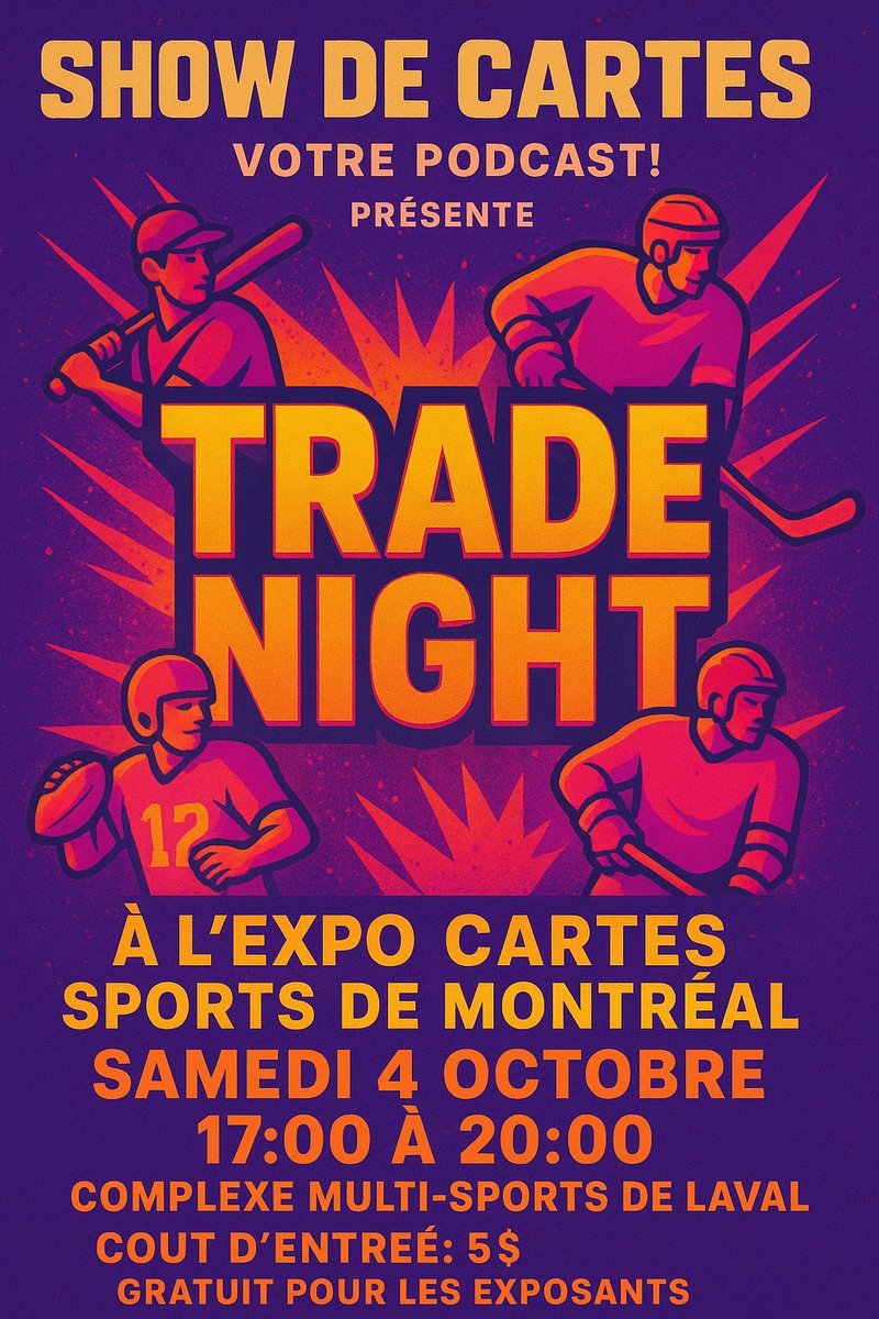 🎉 Trade Night – Show de Cartes : Votre Podcast! 🎉
Préparez vos classeurs, sortez vos top loaders et polissez vos one-touch… c’est le temps d’échanger!
Amenez vos cartes, vos anecdotes et votre bonne humeur – et préparez-vous à une soirée mémorable sous le signe du hobby!