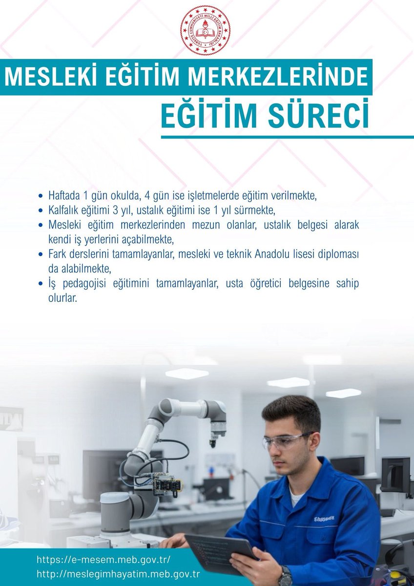 📌Sevgili Gençler,

Geleceğinizi şekillendirmek için bugünden harekete geçebilirsiniz✨️

3️⃣9️⃣ Alan 1️⃣9️⃣3️⃣ Dalda Eğitim Veren Mesleki Eğitim Merkezlerinde Ustalık Belgesi Alarak Kendi İşini Kurabilirsin 🎯

Başvurular
🔗 e-mesem.meb.gov.tr

<a href="/tcmeb/">Millî Eğitim Bakanlığı</a> <a href="/Yusuf__Tekin/">Yusuf Tekin</a> <a href="/yahsiomer/">Dr. Ömer YAHŞİ</a>