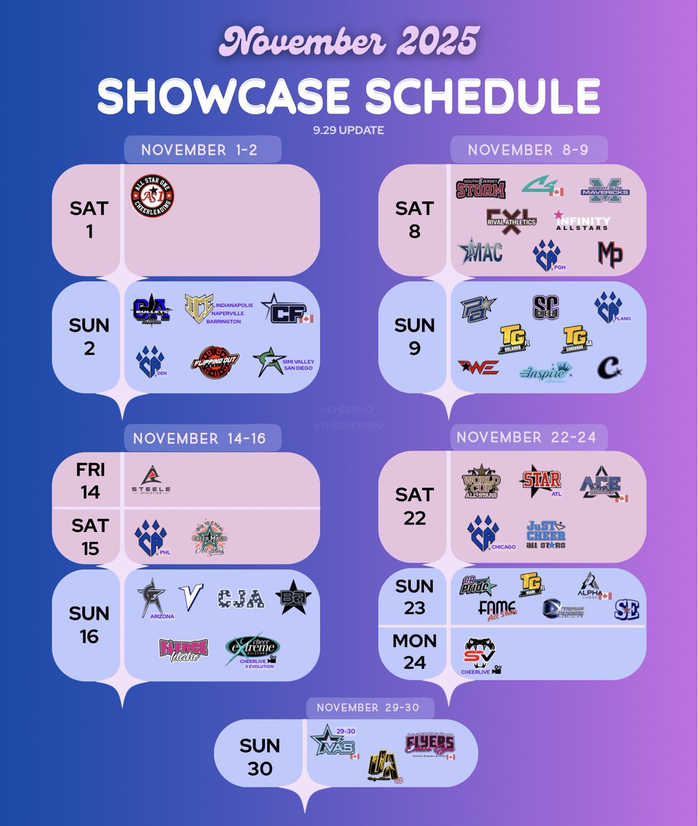 TheCheerHQ's tweet image. 🚨9.29 Update!

Here’s a look at some of the showcases happening in November 🍂