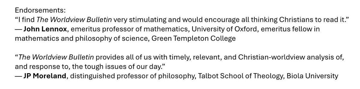 EPS members are eligible for a free subscription to The Worldview Bulletin! 

Use the link below for weekly articles from leading Christian philosophers, scholars, &amp; apologists.  

(You will need a CC to create an account, but it will not be charged.)

worldviewbulletin.substack.com/subscribe?coup…