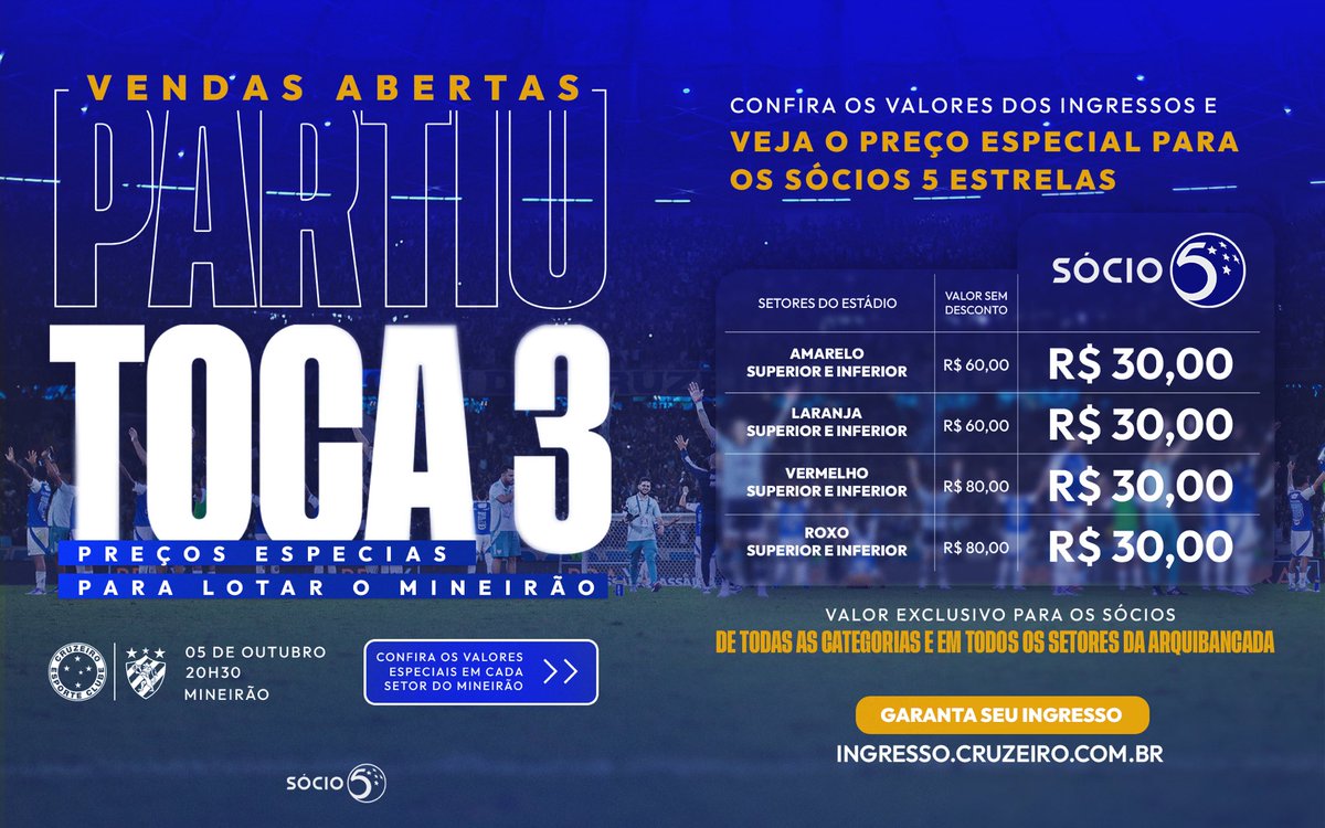 Vendas abertas e com condições especiais para a Nação Azul! 🦊

Para o jogo contra o Sport, no Mineirão, os <a href="/socio5estrelas/">Sócio 5 Estrelas</a> poderão comprar ingressos em todos os setores do estádio por R$ 30, e a categoria Time do Povo vai poder adquirir entradas em todos os setores por esse