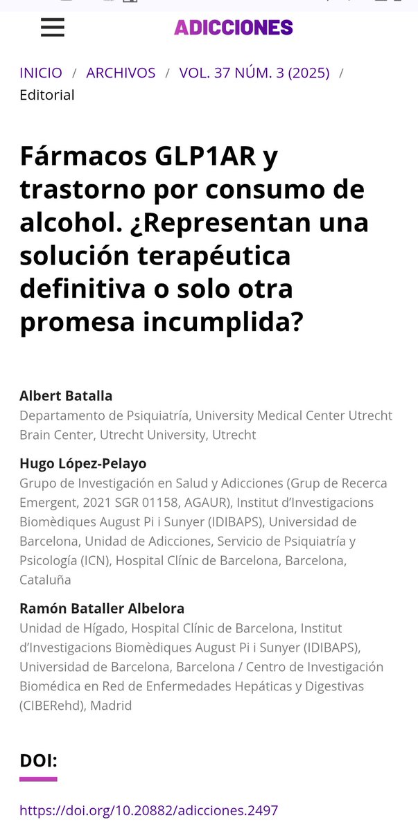 Editorial (casi una revisión) de <a href="/Hugolpi/">Hugo López Pelayo</a> <a href="/rabataller/">Ramon Bataller</a> y #Albert Batalla sobre lo que sabemos (y no sabemos) de los fármacos GLP1-RA en el trastorno por consumo de alcohol. Hemos intentado tener una visión ponderada y evitar un exceso de optimismo. 
 adicciones.es/index.php/adic…