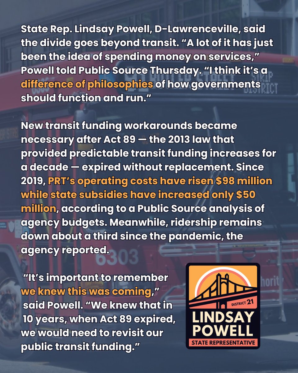 RepLPowell's tweet image. House Dems passed real transit funding—sustainable, recurring, no new taxes, and $600M for roads/bridges. Senate Rs blocked it. Thanks to Gov. Shapiro &amp;amp; PennDOT, PRT got a $106.7M stopgap to avoid cuts &amp;amp; fare hikes, but without long-term funding, riders stay at risk.