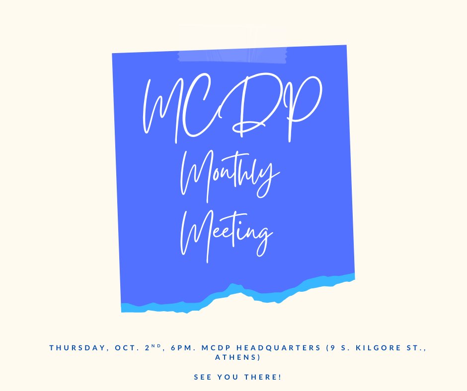 Join us for our monthly meeting this Thursday! 6pm at 9 S. Kilgore St, Athens.