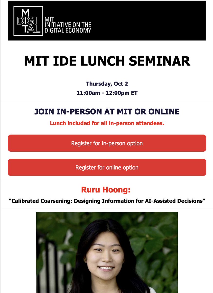 Excited to present my JMP <a href="/mit_ide/">MIT IDE</a> this week! Join us in Sloan Building E62, Room 550, or virtually at link below.

Thank you <a href="/johnjhorton/">John Horton</a> &amp; <a href="/BenSManning/">Benjamin Manning</a> for making this happen! And ofc amazing coauthor <a href="/B3fuss/">Bnaya Dreyfuss</a> (also on job market!)

Virtual link here: eventbrite.com/e/fall-2025-id…