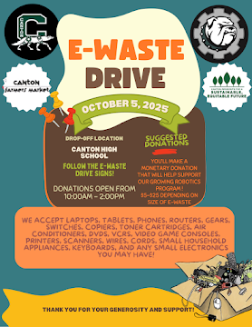 CantonRobodogs's tweet image. Help support the Canton Robotics teams at our annual E-Waste Drive on October 5th at the Canton Farmers&apos; market, from 10 am-2 pm. We will be located in the back parking lot behind the high school. We are collecting donations in exchange for safely disposing of your electronics.