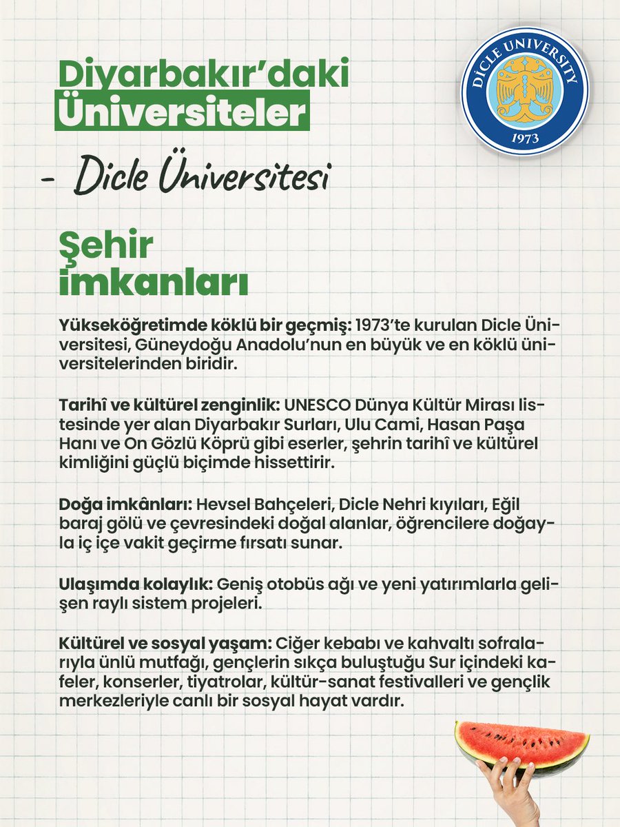 📍Diyarbakır’dayız 

Tarih kokan surların gölgesinde, Hevsel Bahçeleri’nin yeşilinde ve Dicle Nehri’nin kıyısında dopdolu bir üniversite hayatı seni bekliyor! 🌿🏞️