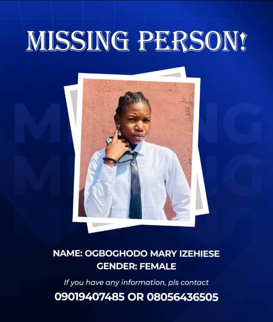 uniben_sug's tweet image. ๐จMISSING PERSON ALERT!
Dear UNIBEN Community and General Public,
Please help us find Ogboghodo Mary Izehiese โ a final year engineering female student who has been reported missing.
@PoliceNG #MissingPerson