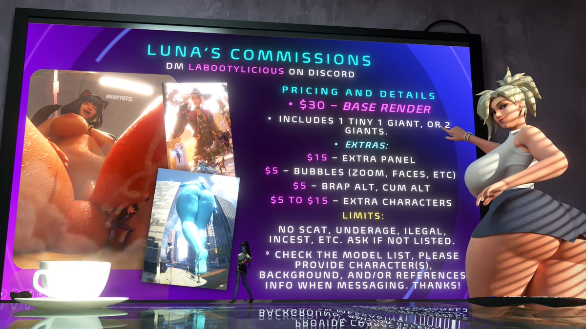 bootygts's tweet image. New comm sheet! Check how many slots are open checking if it&apos;s on my username or bio :3 Any questions just feel free to DM and ask through discord! my user is labootylicious.
Model list: docs.google.com/document/d/12V…