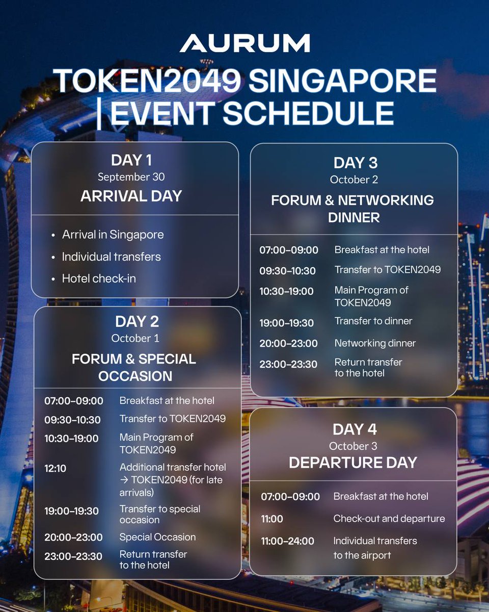 📢 TOKEN2049 Singapore — Event Schedule 🗓 Sept 30 – Oct 3, 2025 📍  PARKROYAL COLLECTION Marina Bay ✨ 4 days with AURUM leaders & partners at  the heart of global crypto. 👉 Get ready for TOKEN2049 with AURUM. #AURUM  #TOKEN2049Singapore