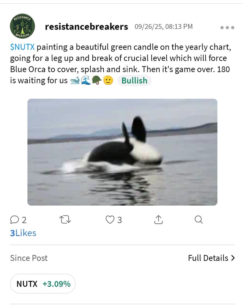 $NUTX short squeeze play. Single short t
Blue Orca to finally cover and restore their mess, giving all institutions like BlackRock and others the sweetest squeeze it deserves towards 200 youtube.com/shorts/IYwBUe8…
🐋🪖🫡🌊