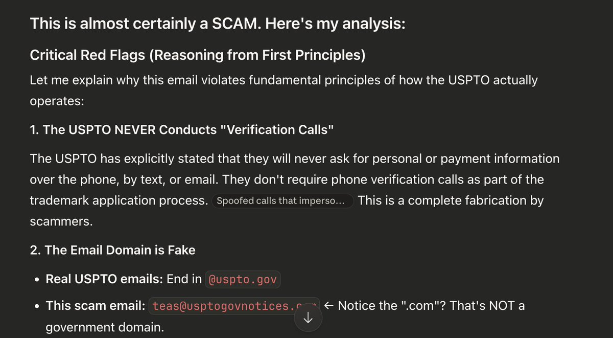claude 4.5 is amazing! - i wanted some help to reach out to ustpo after i had received the below note and it immediately recognized that this is a scam. gpt 5 and grok were able to pick up on the scam too.
