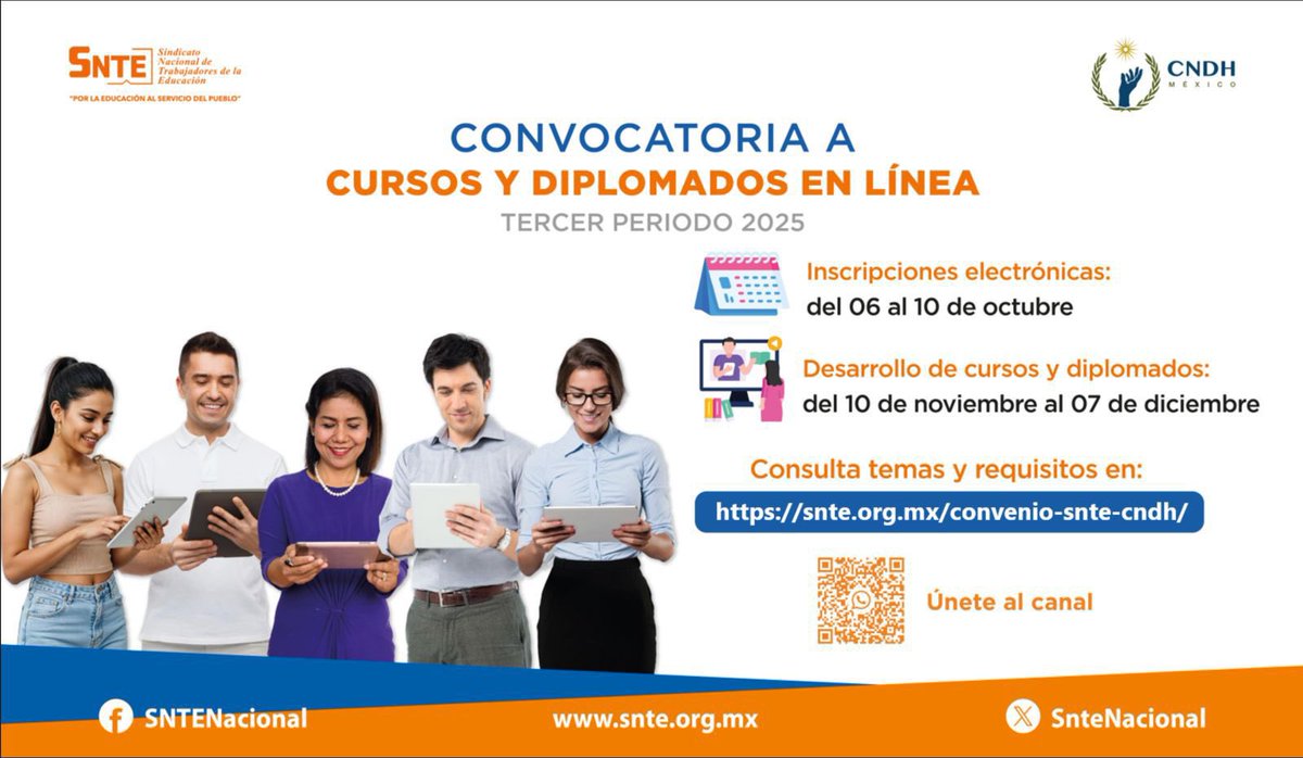📢¡Aviso importante!

👩🏻‍🏫👨🏻‍🏫 Te invitamos a participar en  los cursos y diplomados en línea del #SNTE 📚 y la #CNDH 🕊️en su Tercer Período 2025.
🔍Consulta la convocatoria: 
👉 snte.org.mx/convenio-snte-…
