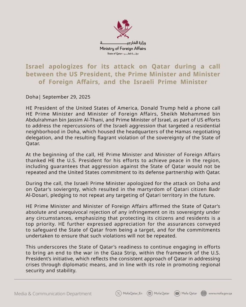 🚨 BREAKING : Qatar announces its return to mediation to stop the war on Gaza following Netanyahu’s official apology.