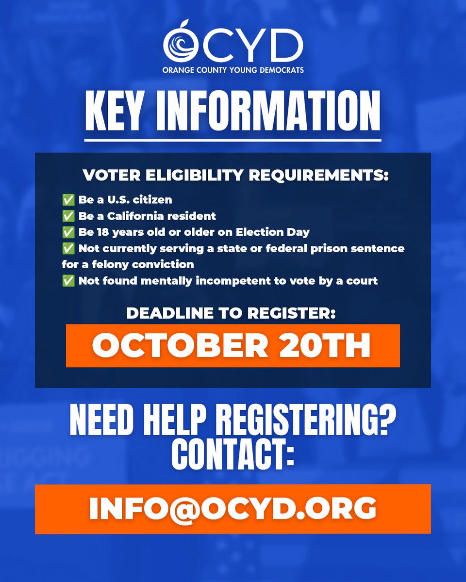 Mail-in ballots for the Nov. 4 Special Election drop on October 6! Visit registertovote.ca.gov to register, check your registration, or update your information. It takes 5 minutes today to get ready—encourage your friends to do the same! 🍊🗳️