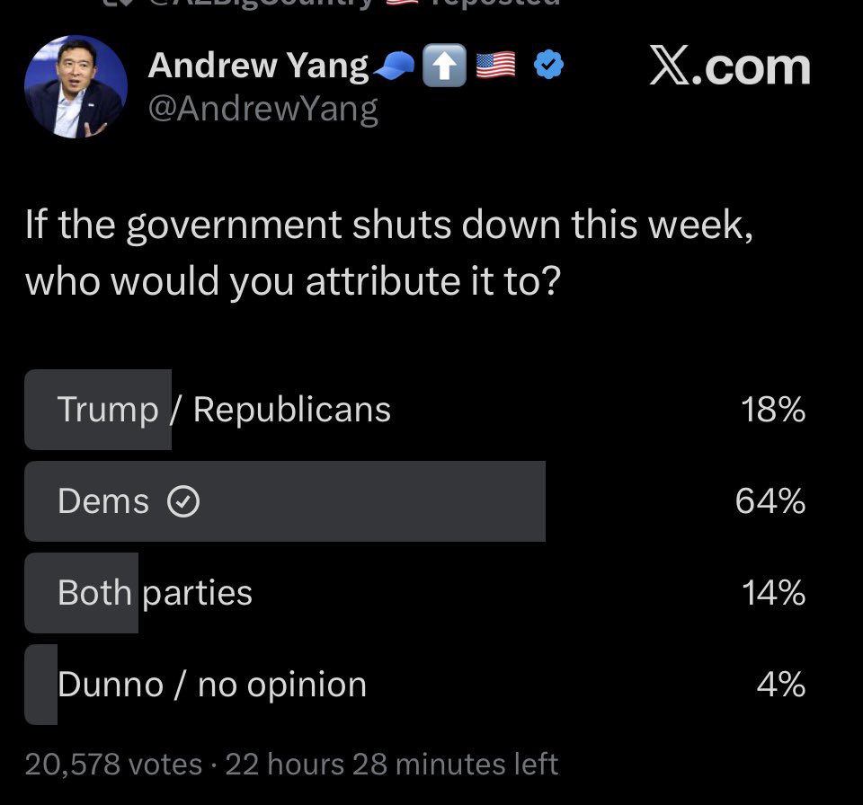 BasedMikeLee's tweet image. This will be known as the #SchumerShutdown

Andrew Yang’s followers apparently agree