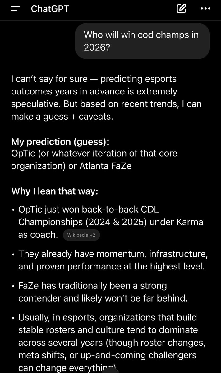 Vyviess's tweet image. Just for the sake of continuing on the tradition it seems as though ChatGPT is leaning towards another year of #OpTic lifting the trophy again. 

#GreenWall