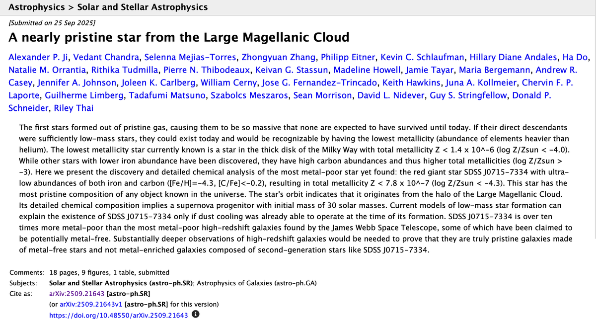 Our new contribution announced today on ArXiv by Alexander P. Ji et al. 👉 "A nearly pristine star from the Large Magellanic Cloud" 👉 arxiv.org/abs/2509.21643