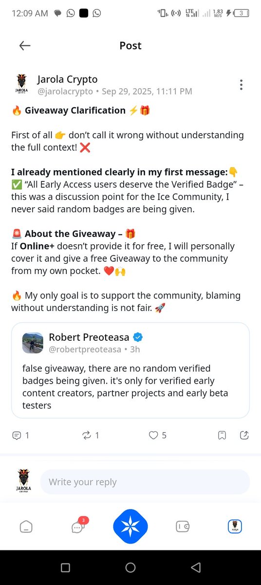 JarolaCrypto's tweet photo. 🔥 Giveaway Clarification ⚡🎁

First of all 👉 don’t call it wrong without understanding the full context! ❌

I already mentioned clearly in my first message:👇
✅ “All Early Access users deserve the Verified Badge” – this was a discussion point for the Ice Community, I never said random badges are being given.

🚨 About the Giveaway – 🎁
If #Online+ doesn’t provide it for free, I will personally cover it and give a free Giveaway to the community from my own pocket. ❤️🙌

🔥 My only goal is to support the community, blaming without understanding is not fair. 🚀

🔸Follow @JarolaCrypto 🎁🔥