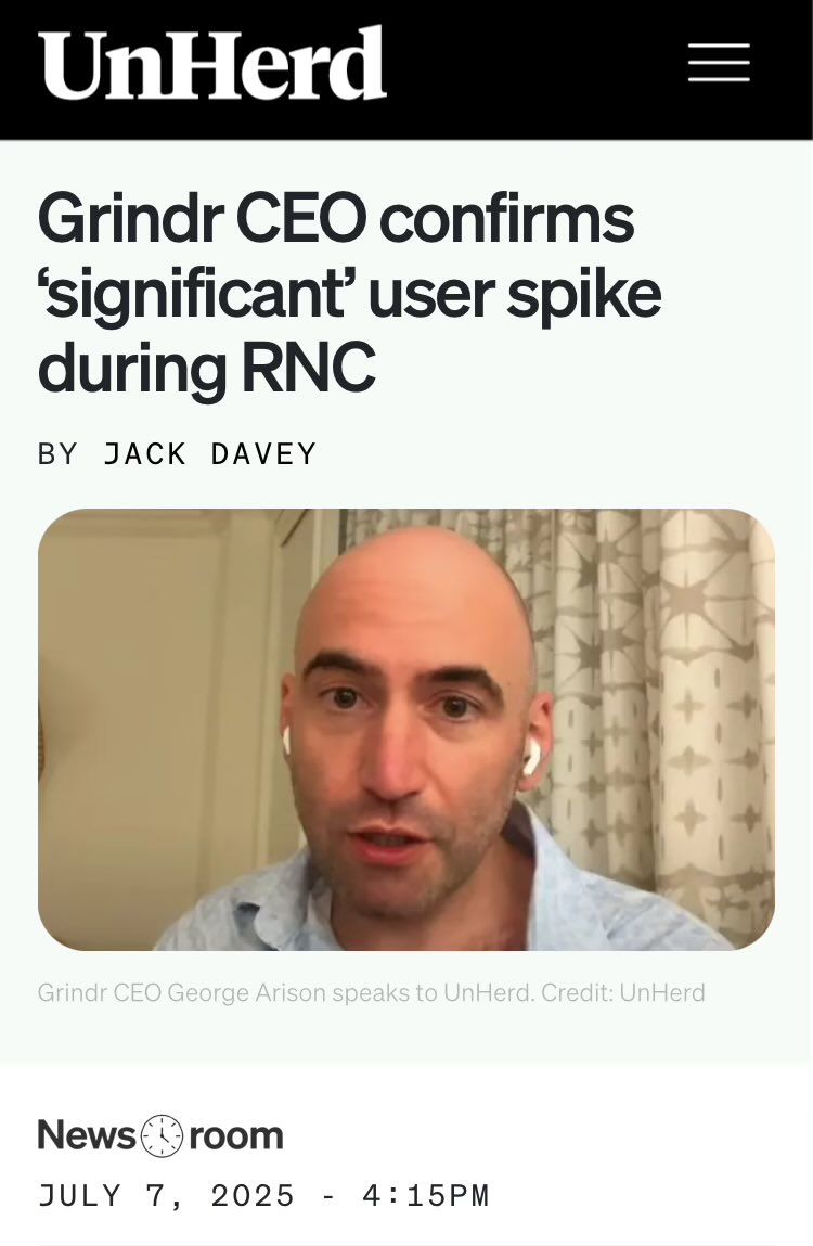 mattsheffield's tweet photo. Did you know that the Grindr CEO officially confirmed that the app received a massive usage spike with the 2024 Republican National Convention? This has been a meme forever, but it's actually true. https://t.co/9OoNr1WbVu