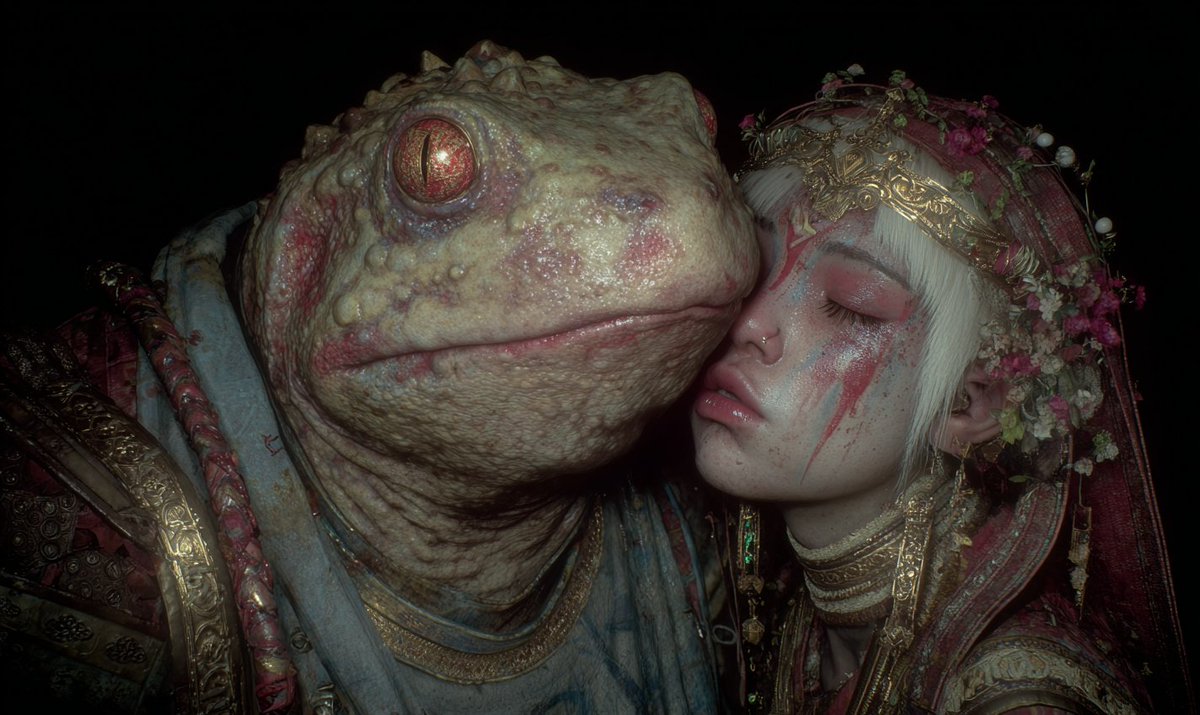 ToshiArte's tweet image. Myths from Amia: The Frogs Kiss 🐸💋
Deep in Amia’s underworld, frogs weave spells with croaking hymns.  Hundreds of women, floral and frail, surrender to their kiss. Lovers bound by enchantment. 

Is this love a curse or a dream reborn?
#Amia #FantasyArt #Worldbuilding #Myths