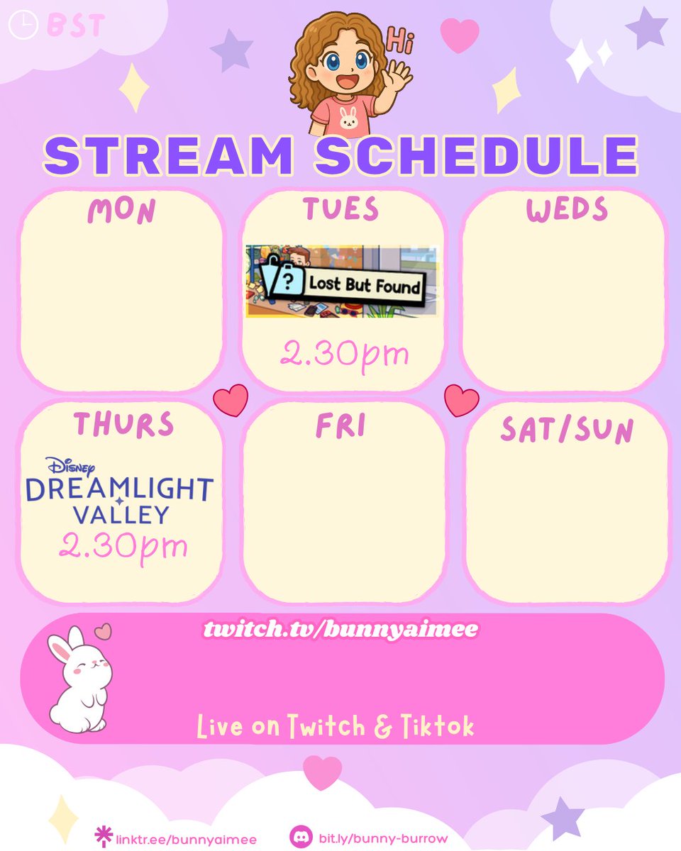 Bunnyaimee's tweet image. This week we're gonna give a new game a go PLUS check out the new Dreamlight Valley update (coming on Oct 1st!)

Tues 2.30pm - #LostButFound - First Playthrough
Thurs 2.30pm - #DreamlightValley new update!

💜 Twitch.tv/bunnyaimee
#streamer #schedule #twitch #newupdates