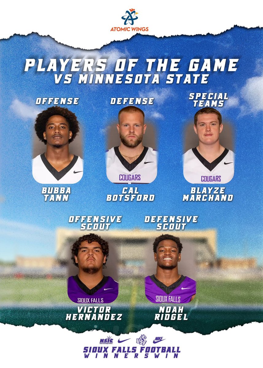 Congrats to the <a href="/AtomicWings/">Atomic Wings</a> Players of the Game for Week 5 for <a href="/USFCougarsFB/">USF Football</a> 
<a href="/TannBubba/">Carlson (Bubba) Tann</a> 
<a href="/BotsfordCal/">Cal Botsford</a>
<a href="/blayze_marchand/">Blayze Marchand</a> 
<a href="/_Victorhernandz/">Victor Hernandez</a> 
<a href="/NoahRidgel9/">Noah Ridgel</a>