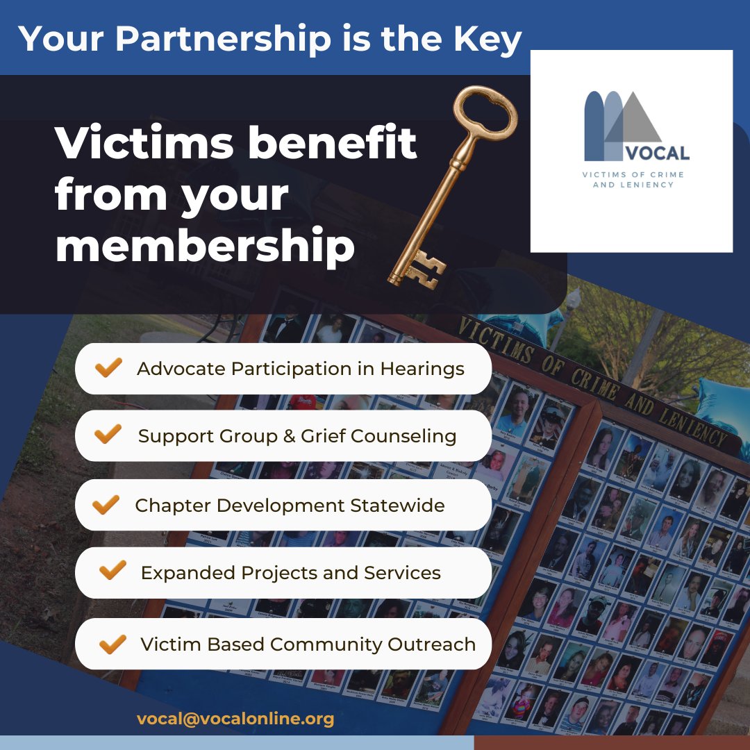 If you are not currently a member of VOCAL, we would like to invite you to become a part of our advocacy for crime victims. We are a non-profit and depend upon fundraising, donations, and grants. Please use the link below to go to our membership info
vocalonline.org/contact-member…
