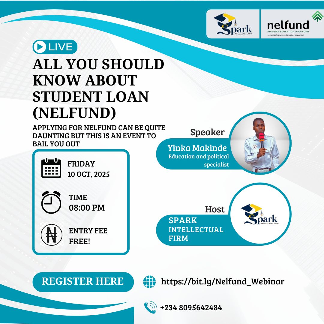 _EduSpark's tweet photo. NELFUND Webinar is here! 

Oct 10, 2025|8PM |Online

Whether you are:
✅New to @NELFUND 
✅Already a beneficiary
✅Or just seeking clarity

This info-packed session will answer ALL your questions + give you the insights you need.

Register: https://t.co/WfrggLpRdV
Don’t miss it! https://t.co/Eps2VWIQm3