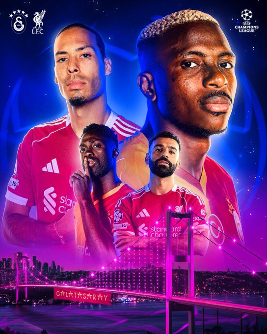 Four men wearing red Liverpool FC jerseys with white accents and Adidas logos. A bridge and city skyline are visible in the background, illuminated with purple and blue lights. Text overlays include "Liverpool FC" logos, "UEFA Champions League" emblem, and "Istanbul" on the bridge.