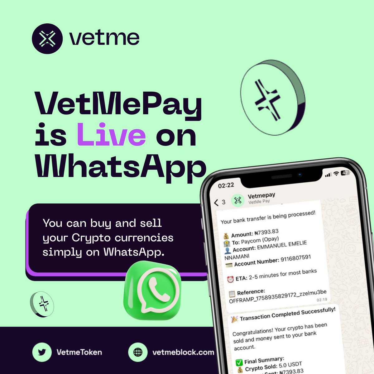 VetmeToken's tweet photo. It’s Official — VetMe Pay is Now on WhatsApp! 

No apps. No stress. Just chat.
Buy or sell Naira ↔ USDT instantly — all inside WhatsApp with our AI assistant. 💬✨

Since our launch:
📊 212 people have already interacted with our AI
🪪 93 KYC submissions completed
✅ 51 successful KYC verifications done

And we’re just getting started — EU, USA, and other country licenses are next. 🌍

✅ Simple on/off ramping
✅ Fast & secure transactions
✅ Always available in your pocket

👉 Start using $VetMe Pay on WhatsApp today: https://t.co/sunx256WLU

⚡ Plus, in the next few days, we’ll be making a big token marketing announcement — stay tuned. 👀

The future of payments just landed where you already are — WhatsApp.

#VetMePay #WhatsAppTrading #CryptoMadeEasy