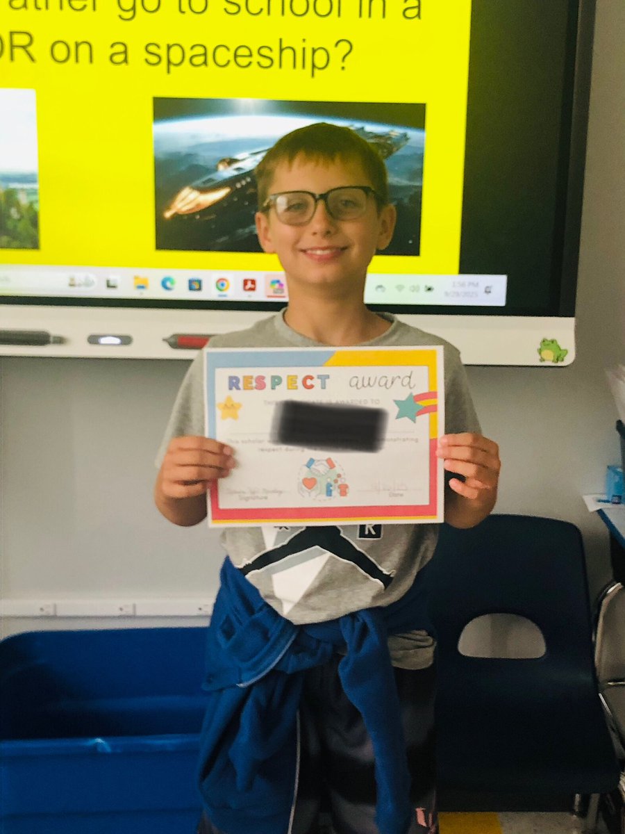 The students voted based on specific criteria, and he won the class Respect Award for the month of September. 😊
