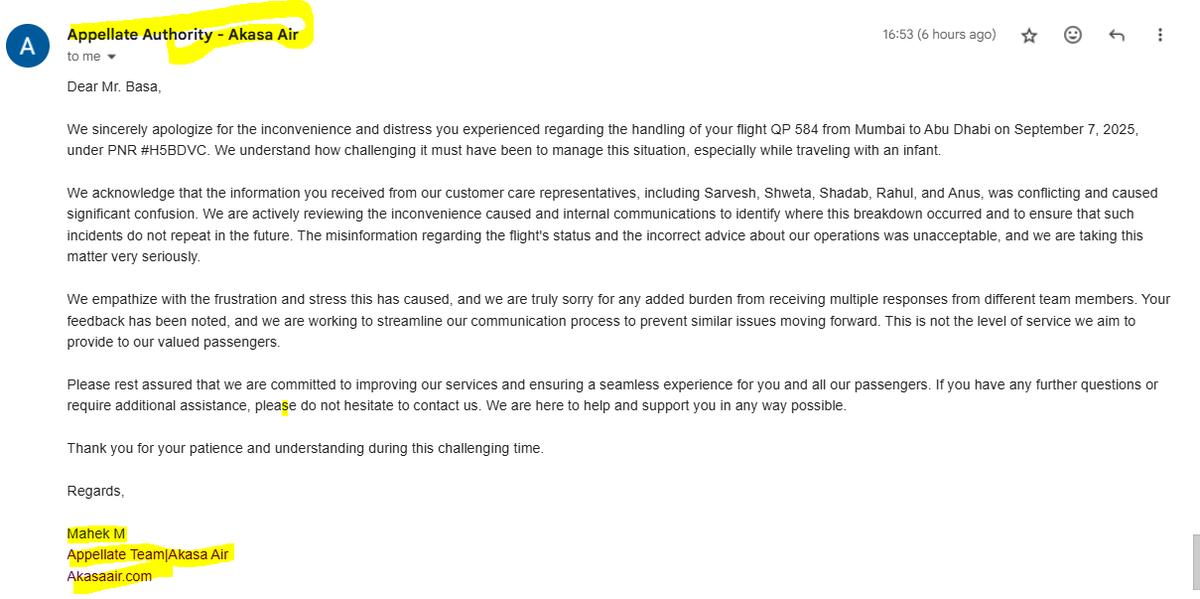 IamBasa's tweet photo. @AkasaAir @AkasaAir No one addressed, but you still not agreed that your team has provided misinformation that caused me financial loss, here im attaching the screen shot of your reply on mail stating that your team misguided me on flight status. https://t.co/v6vTKwAspN