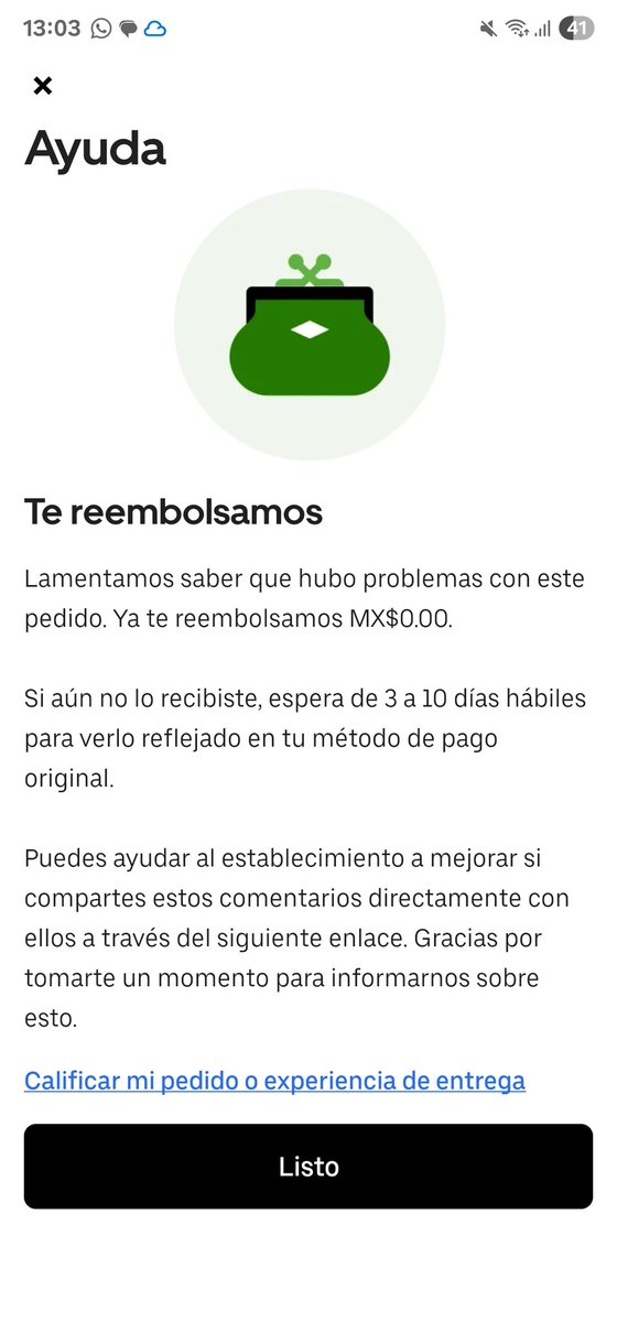 blinkedgar's tweet photo. @Uber_Support 
Mi pedido en la tienda presentó problemas y solo se me otorgaron 0 créditos de reembolso, lo cual es inaceptable. Exijo que revisen mi caso y me otorguen el reembolso correspondiente, ya sea en créditos o en el método de pago original. https://t.co/jyrxY5SLZM