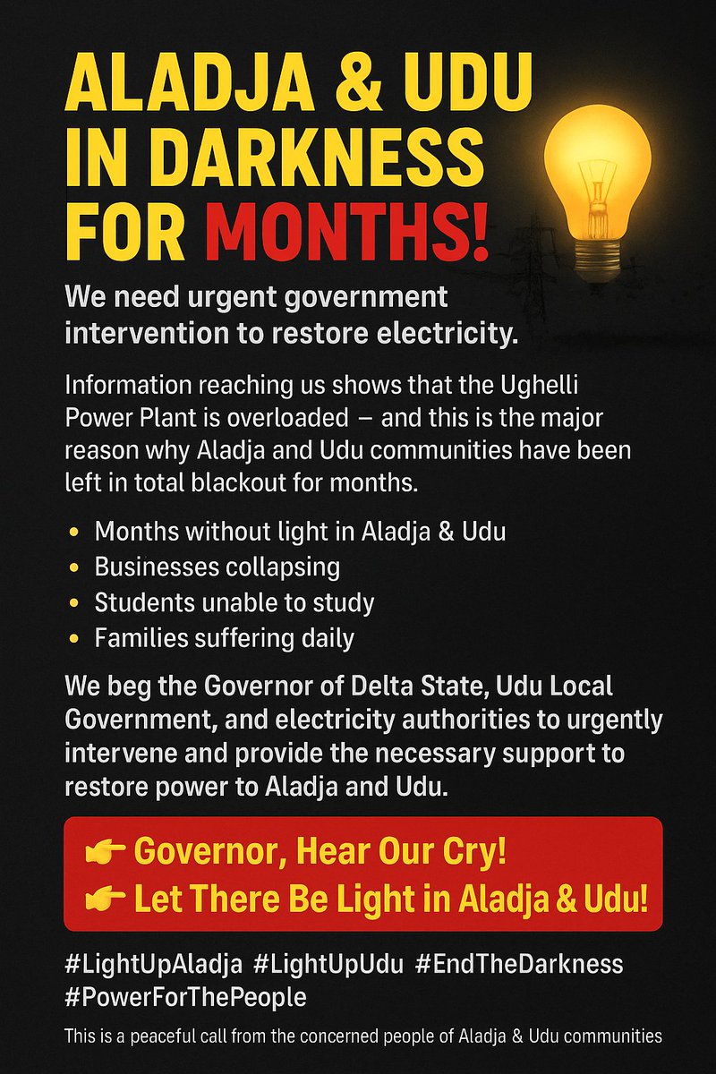 freddo_eth's tweet image. @RtHonSheriff
Boss you they try, but we need you more.
Businesses are dying, students can’t study, families are suffering.
We plead with the Governor of Delta State and all authorities — please intervene and restore power to our people.
#LightUpUdu #EndTheDarkness @DSGovernment