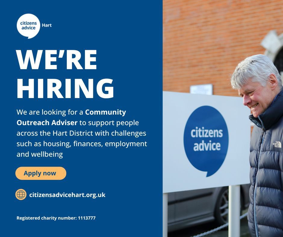 Citizens Advice Hart is looking for a Community Outreach Adviser to support people across the Hart District with challenges such as housing, finances, employment and wellbeing.

👉 Find out more and apply here: tinyurl.com/59yvrbwd

#citizensadvicehart #jobsinfleet