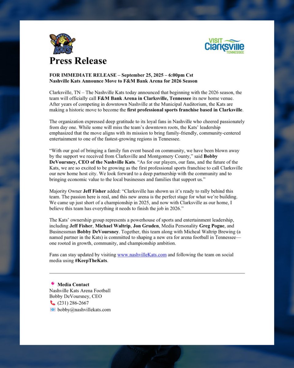 NEW ERA FOR THE KATS! 🔥

The Nashville Kats have officially announced Clarksville, TN and F&amp;M Bank Arena as their home beginning in the 2026 season.

For more info, visit theAF1.com