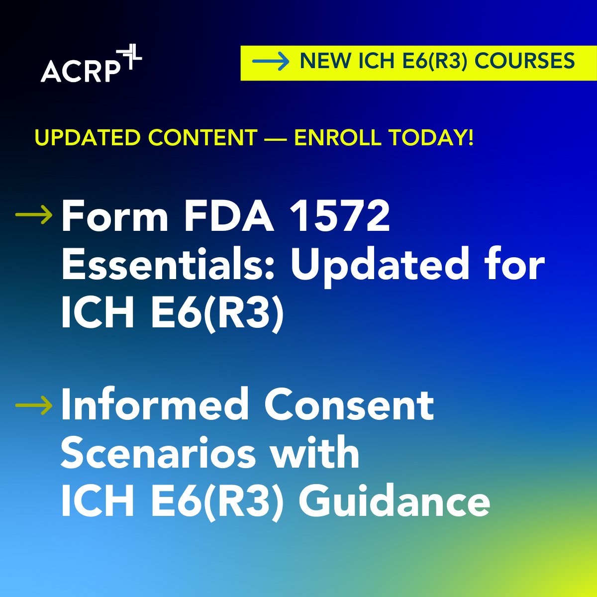 ACRPDC's tweet photo. Advance your #GCP training with confidence > two new courses based on #ICHE6R3
➡️ Form FDA 1572 Essentials: Updated for ICH E6(R3) > https://t.co/CAfjdDgkFa
➡️ Informed Consent Scenarios with ICH E6(R3) Guidance > https://t.co/L8FvMiVD9H
#ICH #GoodClinicalPractice #GCP #ACRP https://t.co/FQHnADaO9y