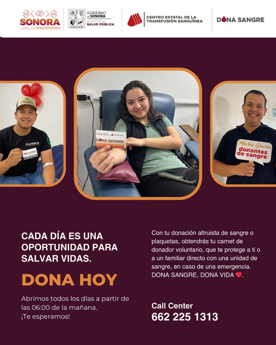 Te esperamos todos los días a partir de las 06:00 de la mañana para realizar tu donación de sangre y plaquetas 🩸. Tu donación el día de hoy, salva hasta cuatro vidas ❤️. 

#DonaSangre #DonadoresVoluntarios